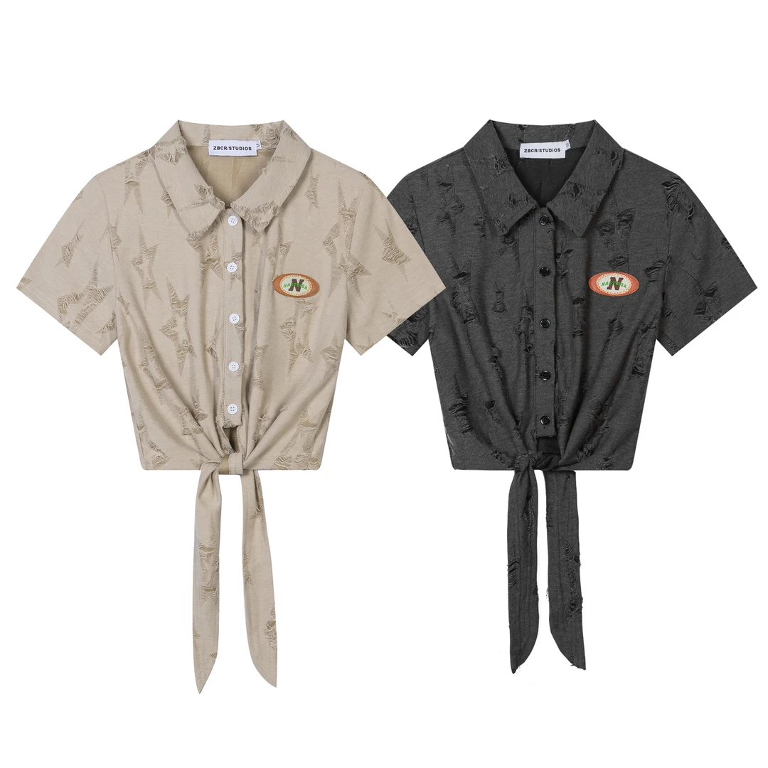 辣妹美式复古bm风破洞短款上衣女正肩慵懒系带设计感短袖衬衫