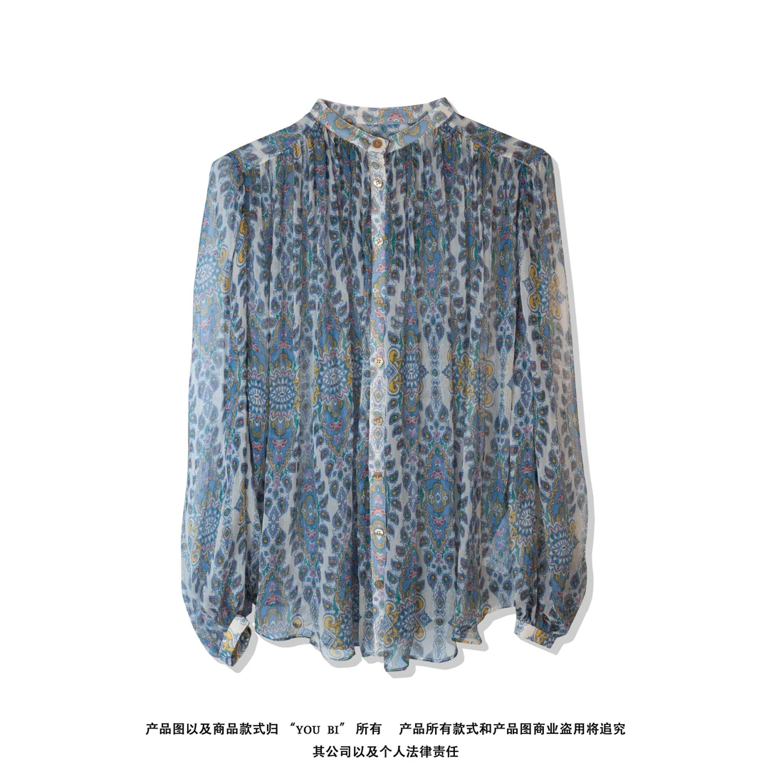 【优优专属】25春夏中式领微章图案印花桑蚕丝泡泡袖女衬衫B161