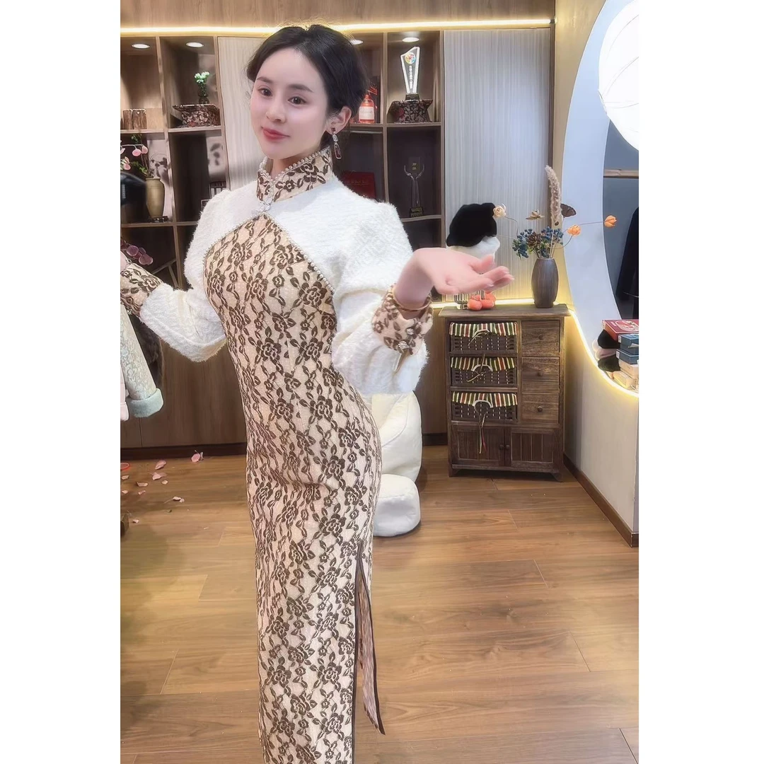 年末福利【半糖芝士】复合植绒长115秋冬款旗袍优雅复古连衣裙