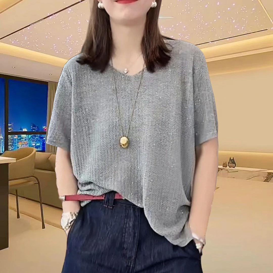 夏季新款v领薄款侧开叉短袖针织衫女士套头透气纯色宽松洋气上衣