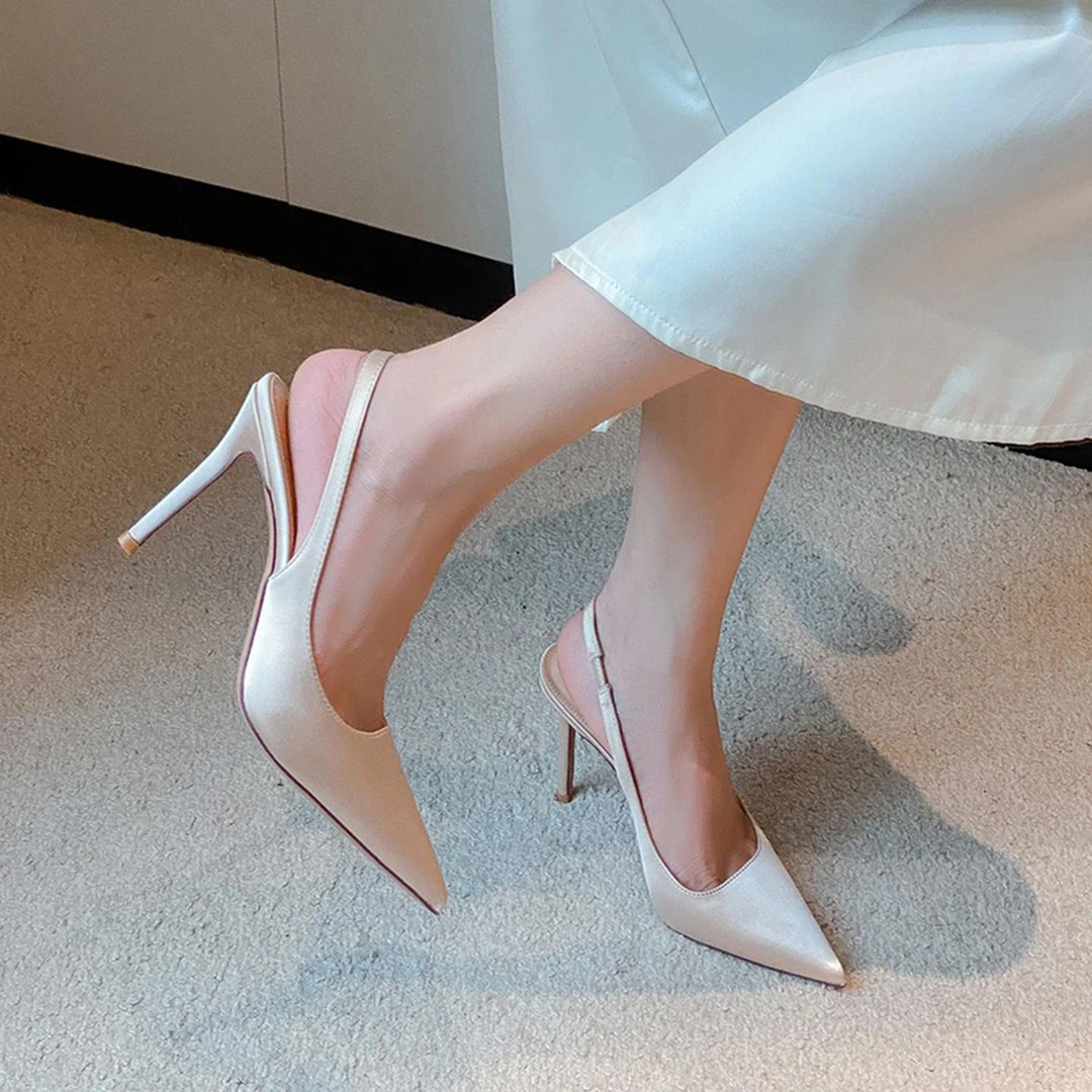 【FBZN官方正品】包头气质高跟鞋后绊带尖头绸缎细跟单鞋法式伴娘