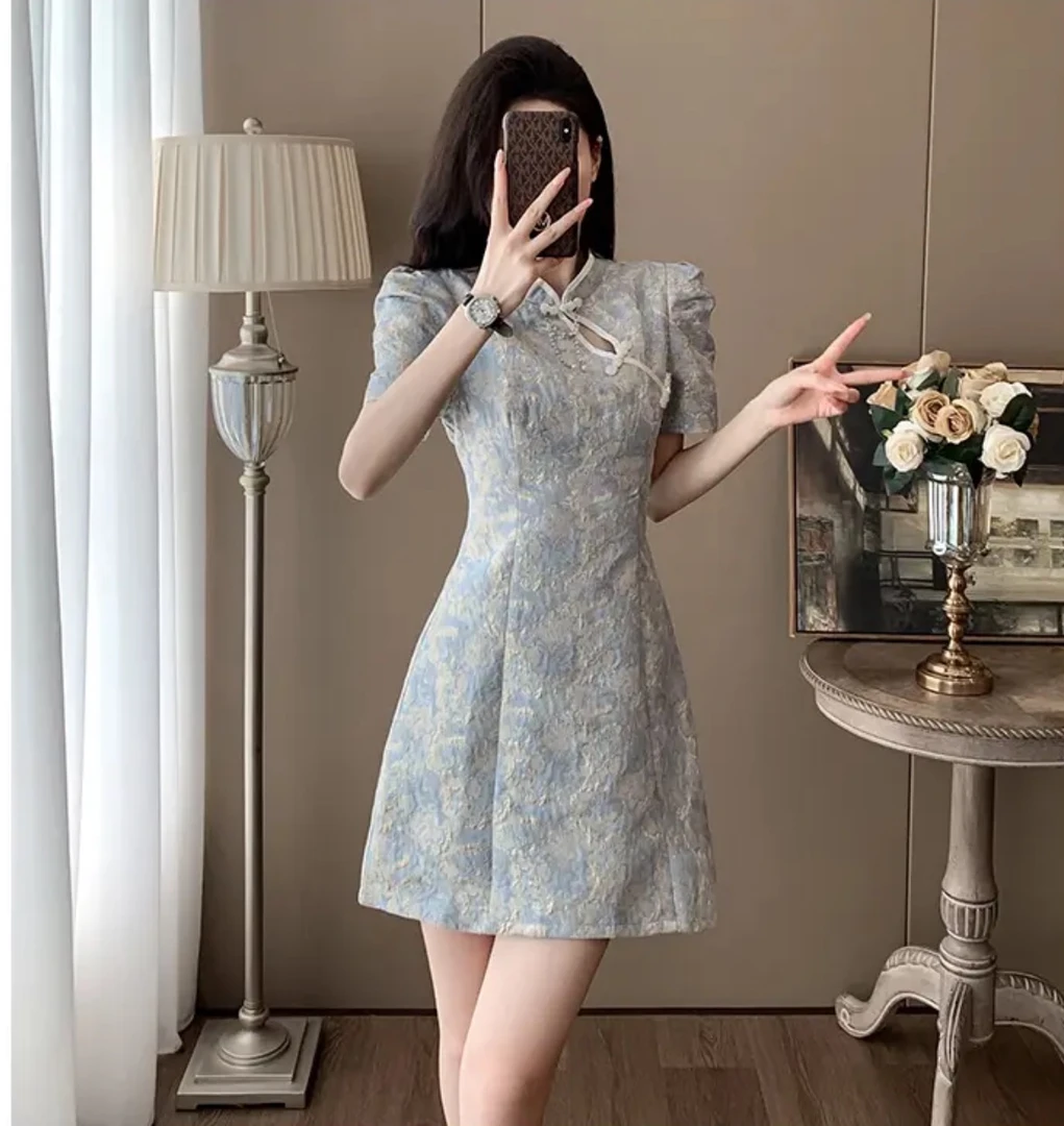 夏装旗袍新中式女装中国风裙子小个子设计感气质泡泡袖连衣裙8525