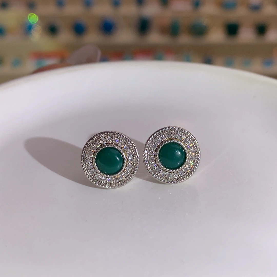 银S925镶嵌绿松石玉化绿耳钉