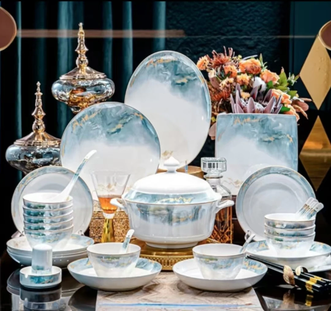 锦绣山河54+33餐具套组景德镇送人佳选轻奢家用中式