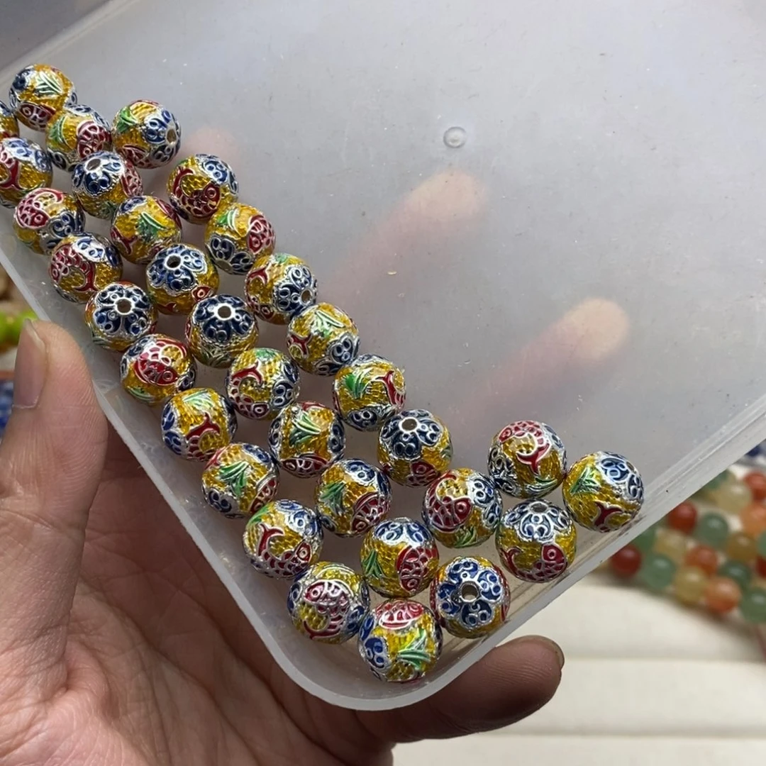 玛瑙/玉髓未镶嵌珠宝半成品两个景泰蓝铜渡银鲤鱼球12mm