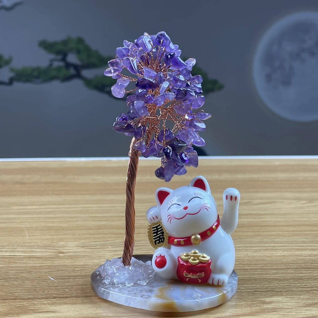 【彩稻甄选®】紫水晶招财猫摆件约9×13