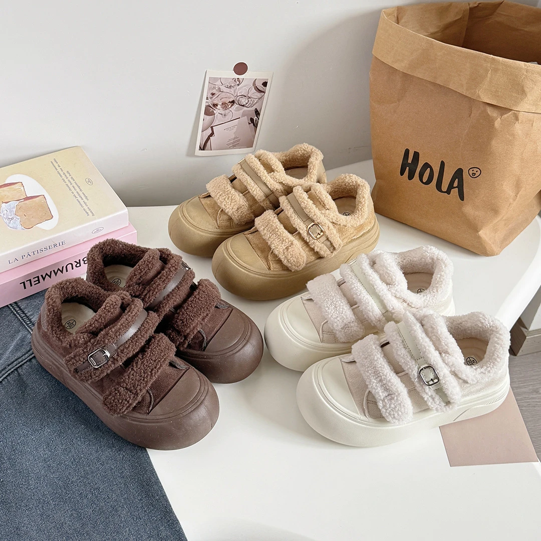 中学生韩版厚底魔术贴加绒棉鞋女2025秋冬季百搭保暖可爱面包鞋女