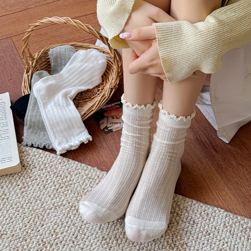花边堆堆袜女芭蕾风潮袜纯色网眼镂空中筒袜夏季薄款透气外穿长袜