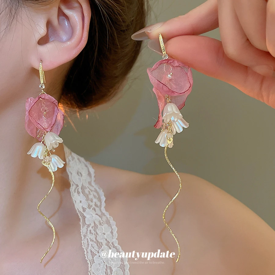 铜合金仿小众耳饰 锆石布艺花朵小众流苏耳环女清新甜美耳钩