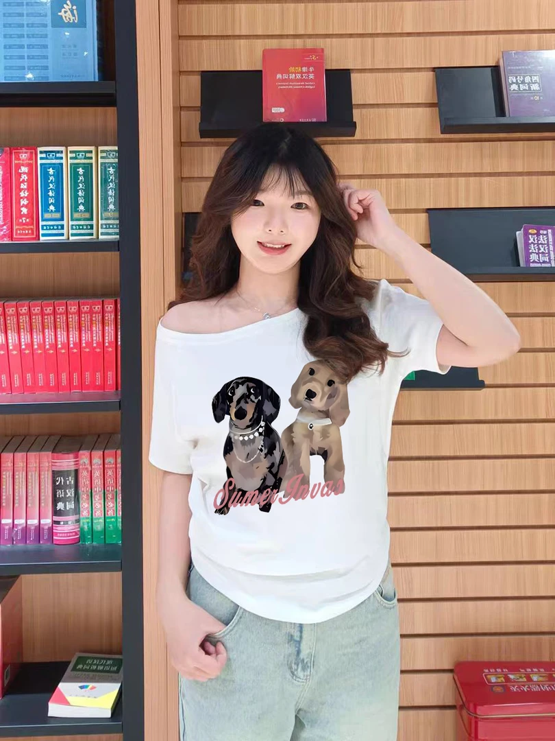 美式辣妹斜肩短袖t恤女夏季新款卡通小狗印花慵懒风宽松露肩上衣