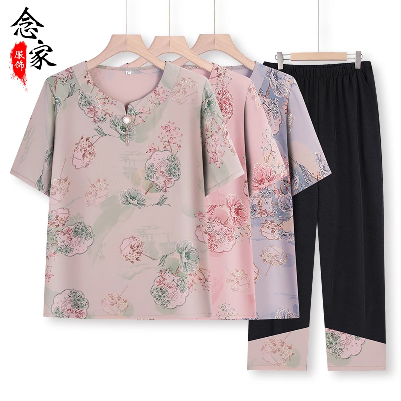 奶奶夏季新款冰丝套装老年人夏装女妈妈短袖t恤老太太大码上衣服