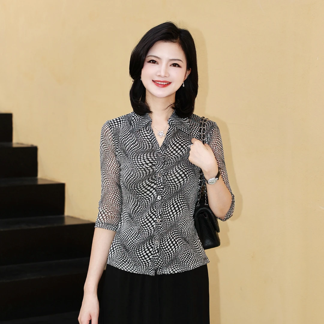 【针织桑蚕丝】枫竺阿楠anan翻V领单排扣波浪纹印花女夏季真丝小衫