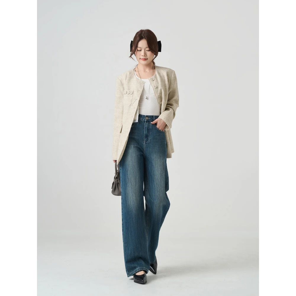 missrococo/洛可可小姐春季高级蓝中高腰窄版阔腿直筒女牛仔裤子