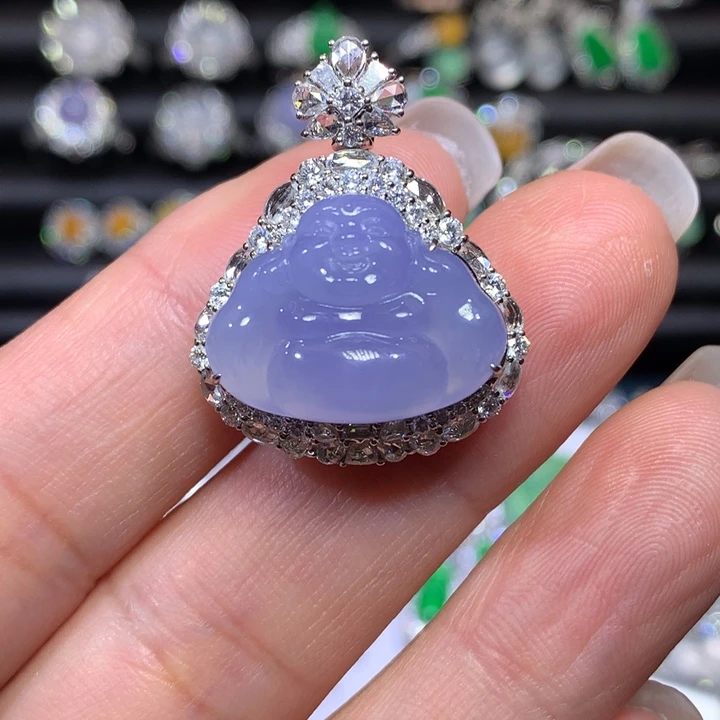 翡翠18K金镶嵌颈饰冰紫佛公