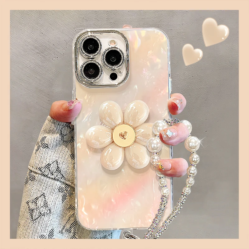 晕染花朵适用苹果15promax华为oppo小米iPhone16精孔贝壳纹手机壳