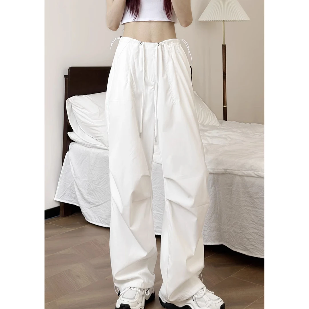 白色工装裤女夏季2025新款抽绳松紧腰休闲裤阔腿长裤降落伞兵裤子