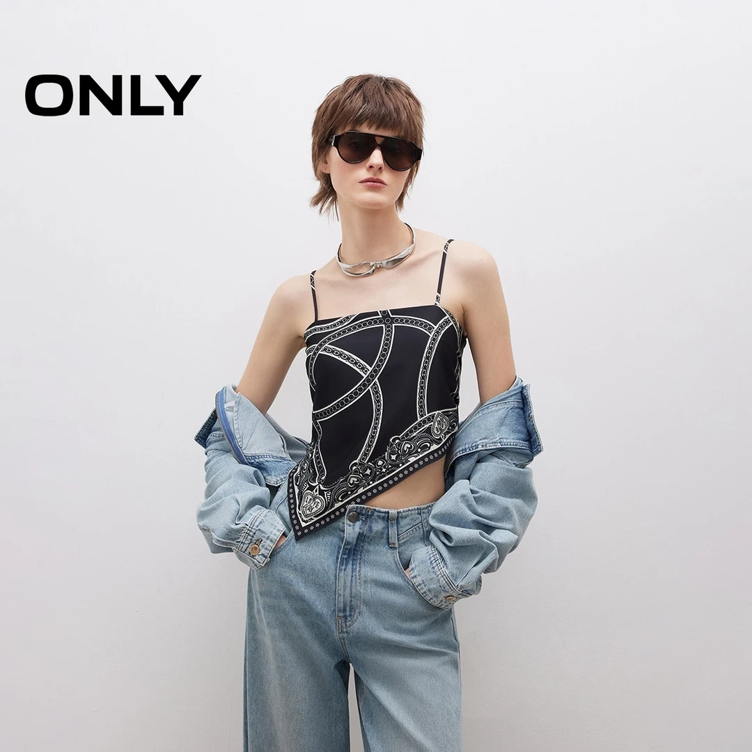 ONLY2025春季新款慵懒复古印花绑带丝巾吊带雪纺衫女|1251WS003