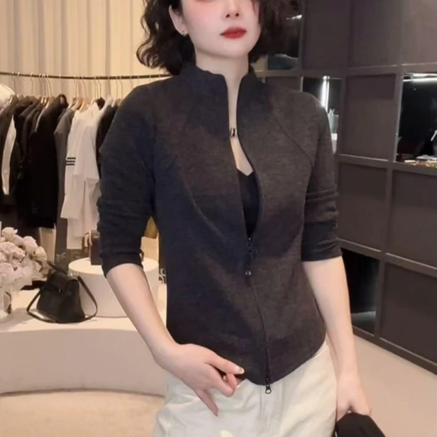 2025春季新款时尚百搭半高领显瘦开衫休闲拉链修身长袖立领小衫