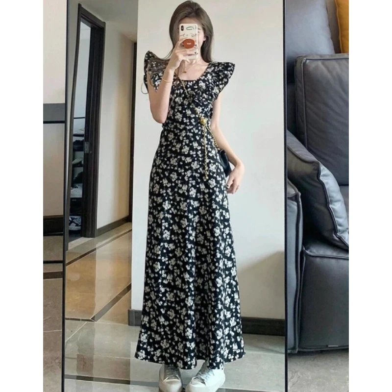 180高个子加长175黑色小飞袖碎花连衣裙子女气质收腰到脚踝超长裙