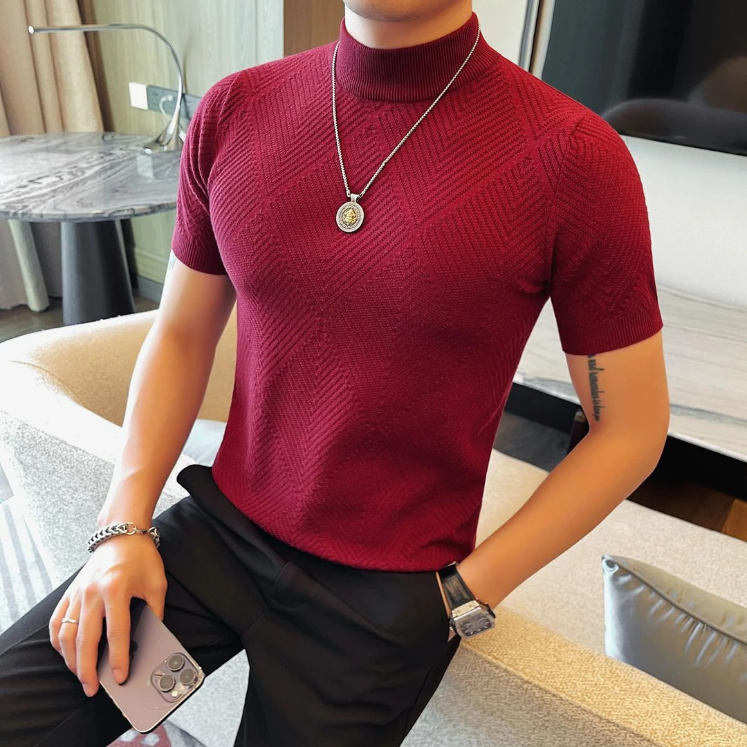 春夏新款针织短袖条纹菱形格2025修身百搭打底衫潮流休闲半袖上衣