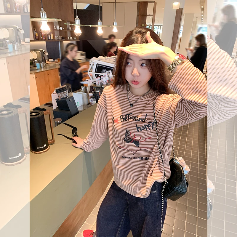 【年末清清】曾小咸 休闲慵懒字母印花长袖T恤条纹上衣Z244TH4229