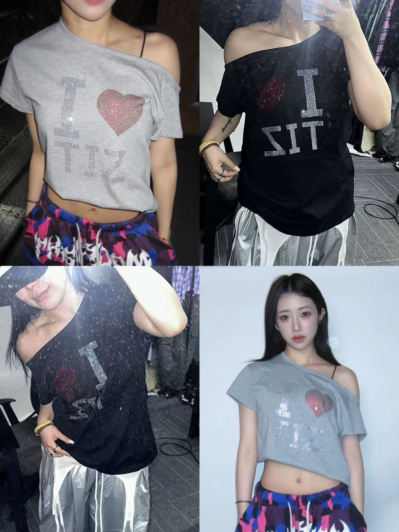 Thisiszoom烫钻印花斜肩短袖