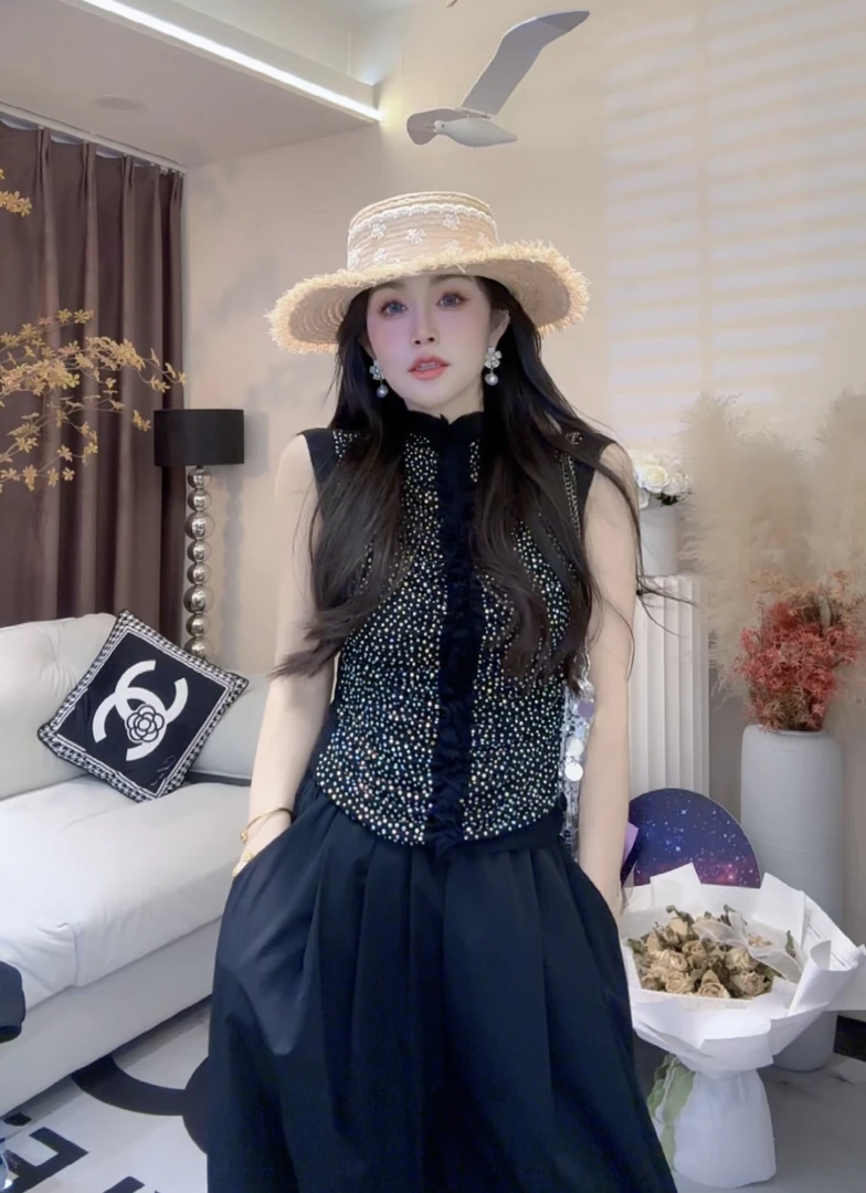 L.X~闪钻无袖背心女外穿纯欲辣妹鱼骨上衣显身材半高领打底衫6628