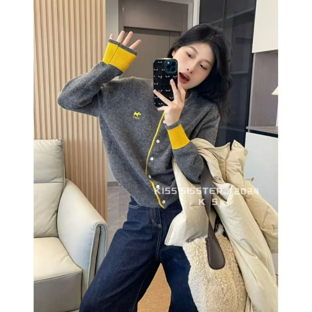 秋冬秋季宽松毛针织衫圆领针织女刺绣拼色长袖开衫慵懒风韩版刘