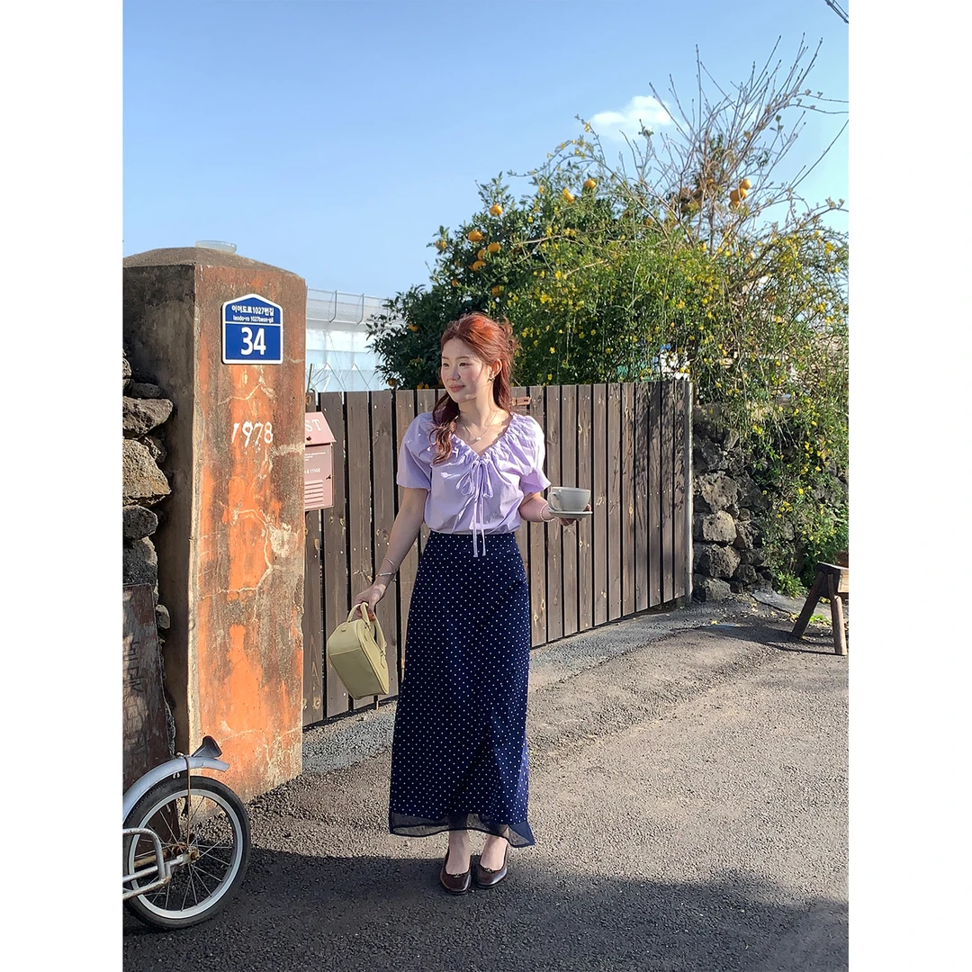 火火火【海色星云】韩系波点碎花拼接网纱半身裙B33364HH52