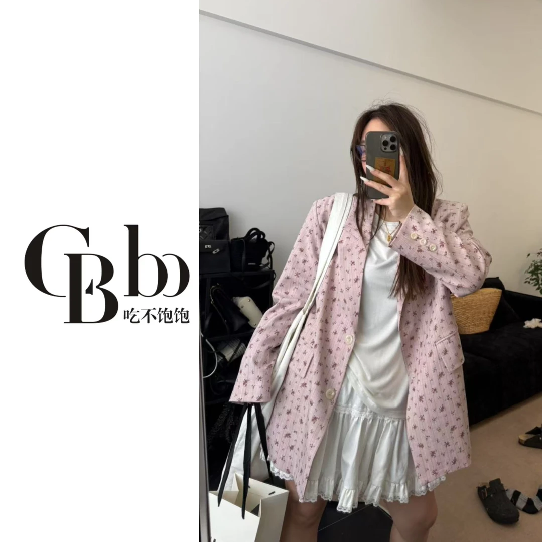 【吃不饱饱】大码 花影遐想 设计感小众碎花西装外套宽松甜美1222