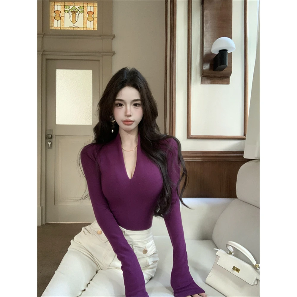 纯欲风紫色V领长袖T恤2025新款时尚女秋冬内搭打底衫超显身材上衣