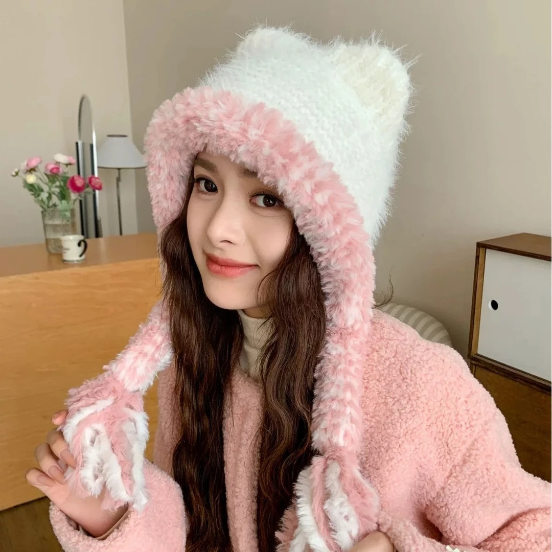 毛绒帽针织女甜美可爱小熊针织护耳保暖大头围显脸小防寒雷锋帽潮
