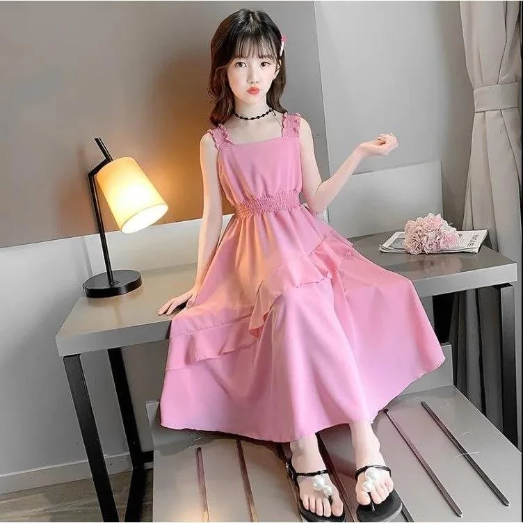 夏季新款女孩连衣裙中大童收腰漏肩韩版雪纺花边吊带优雅长裙