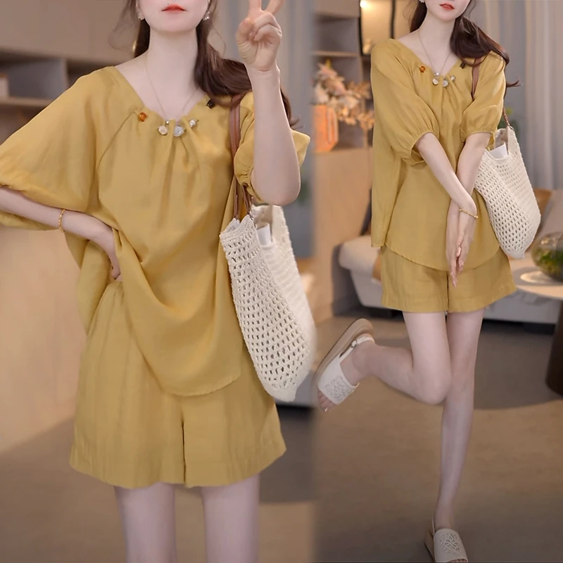 夏季小清新高级感爆款套装2025新款禅意气质款女装体恤短裤两件套