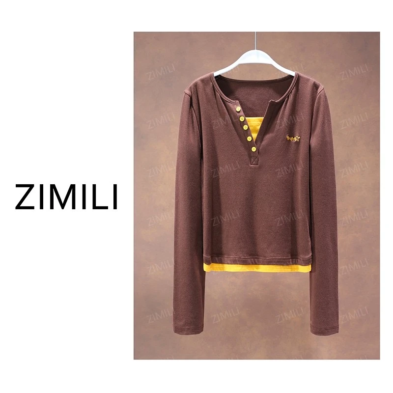 【亮哥女装】2025秋冬新品《核桃》棕色假两件高弹打底衫6026-A9