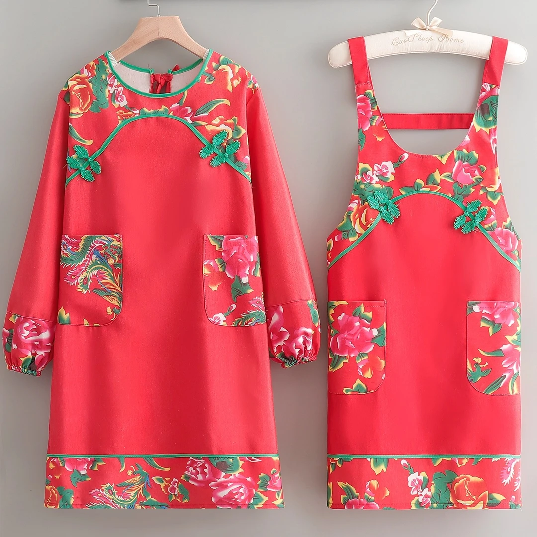 帆布东北大花围裙民族风厨房家用透气工作服长袖罩衣上班饭店餐饮