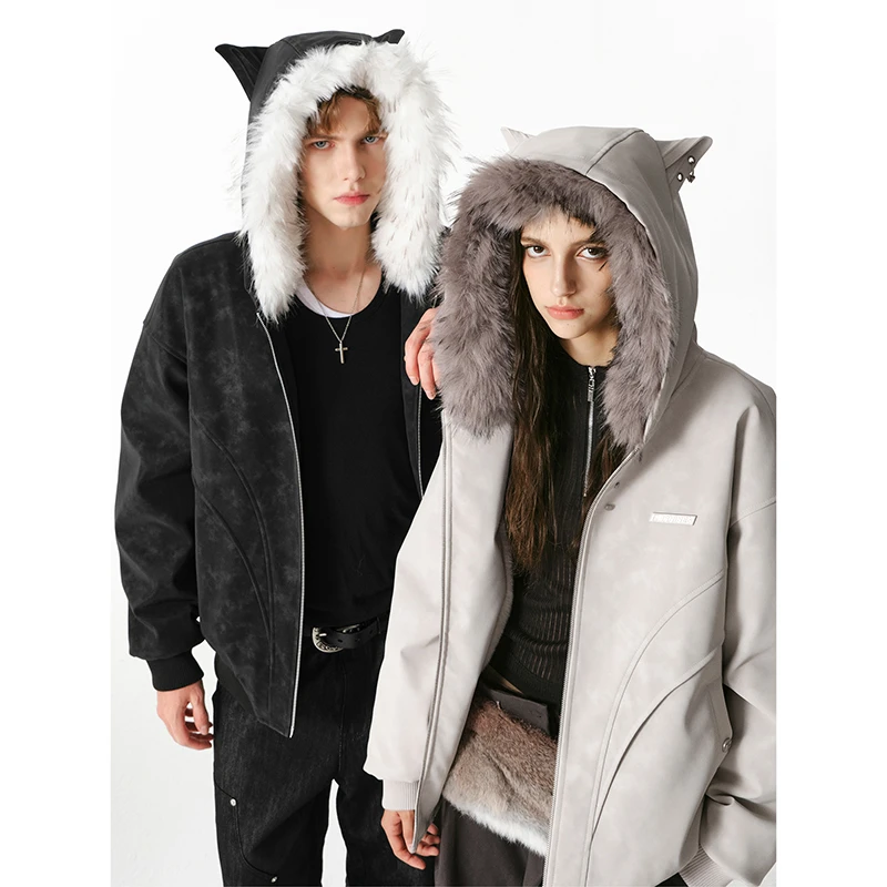 FORNINES可拆毛领猫耳朵棉衣男2025新款冬季外套女情侣皮面防寒服