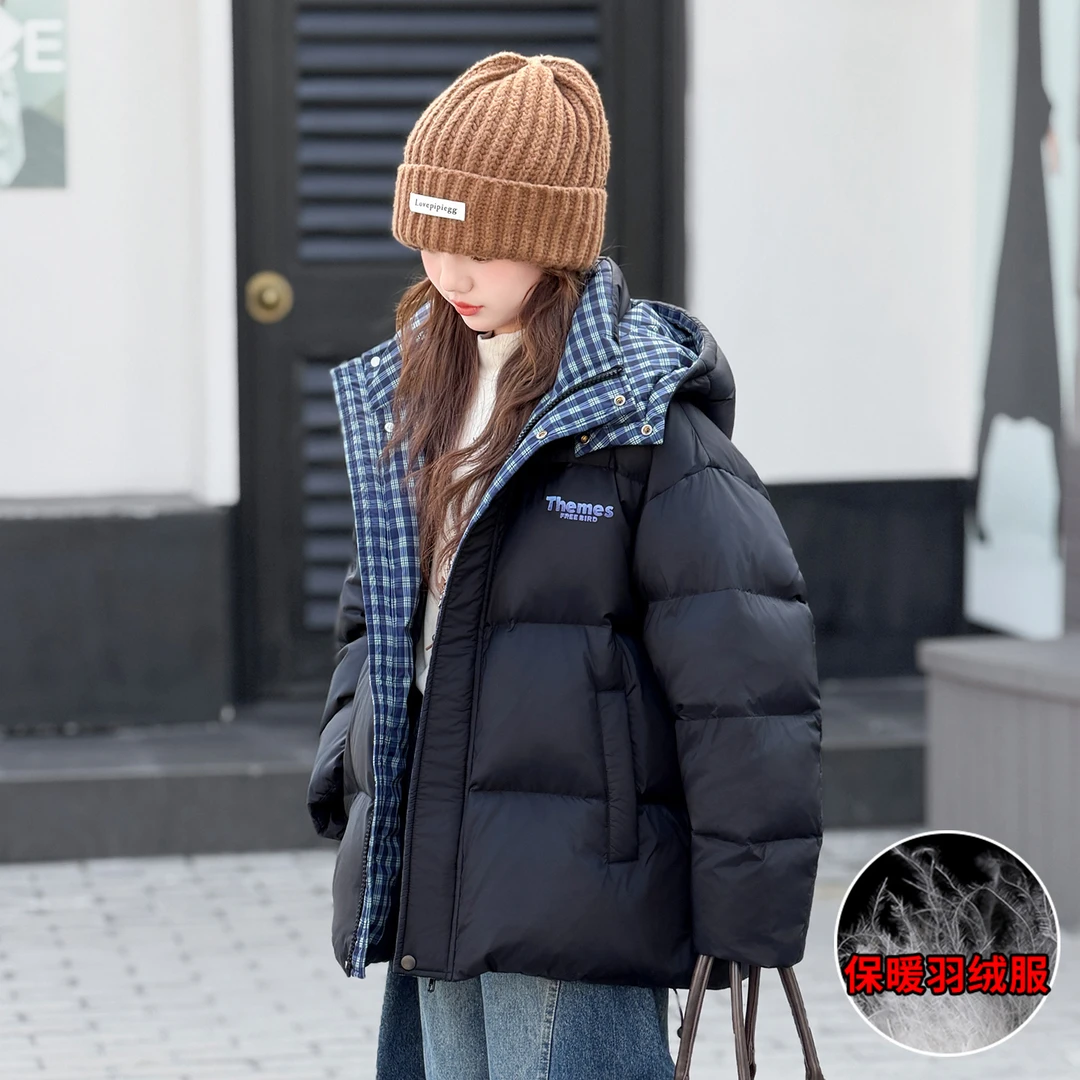 女童冬季白鸭绒短款连帽羽绒服外套2026新款洋气女大童冬装面包服