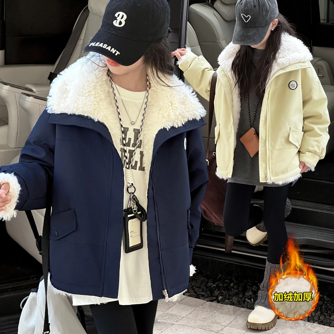 女童加绒加厚外套秋冬2025新款6-12岁潮酷中大童加厚过冬棉服学生