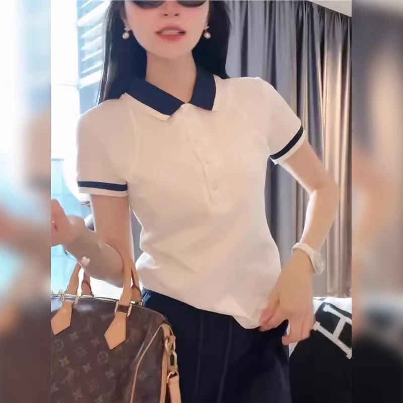 韩版设计感翻领短袖T恤夏季2025新款女士撞色时尚百搭POLO衫上衣