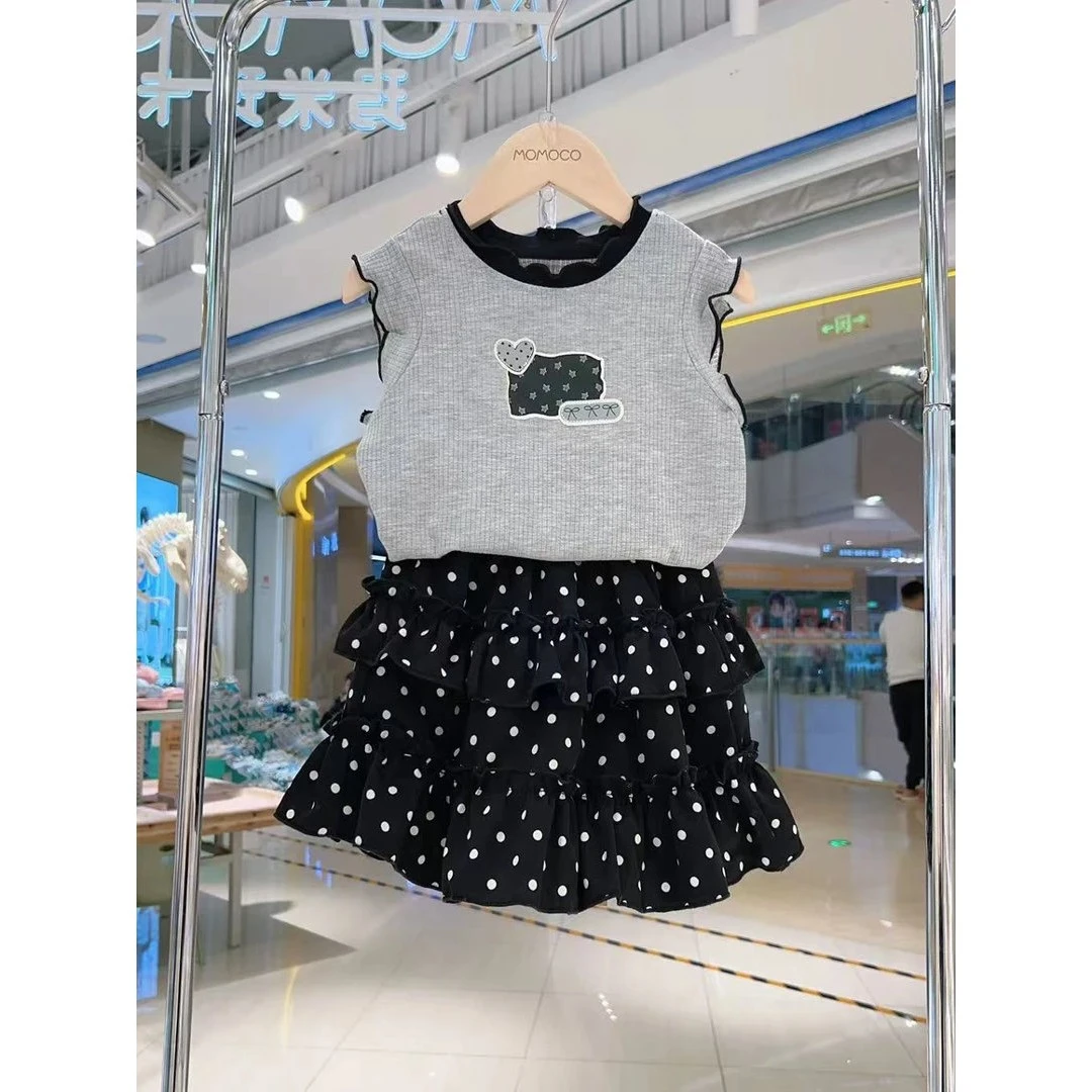 女童夏季背心套装2025新款女宝韩系穿木耳边上衣配波点短裙两件套
