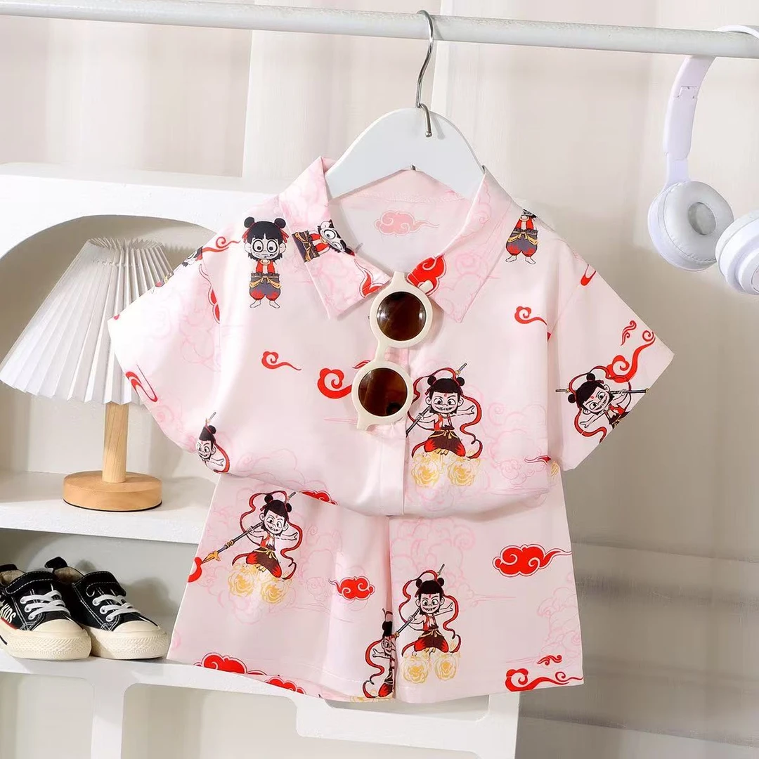 夏季短袖衬衫套装时尚百搭男童女童宽松碎花两件套六一儿童节服装