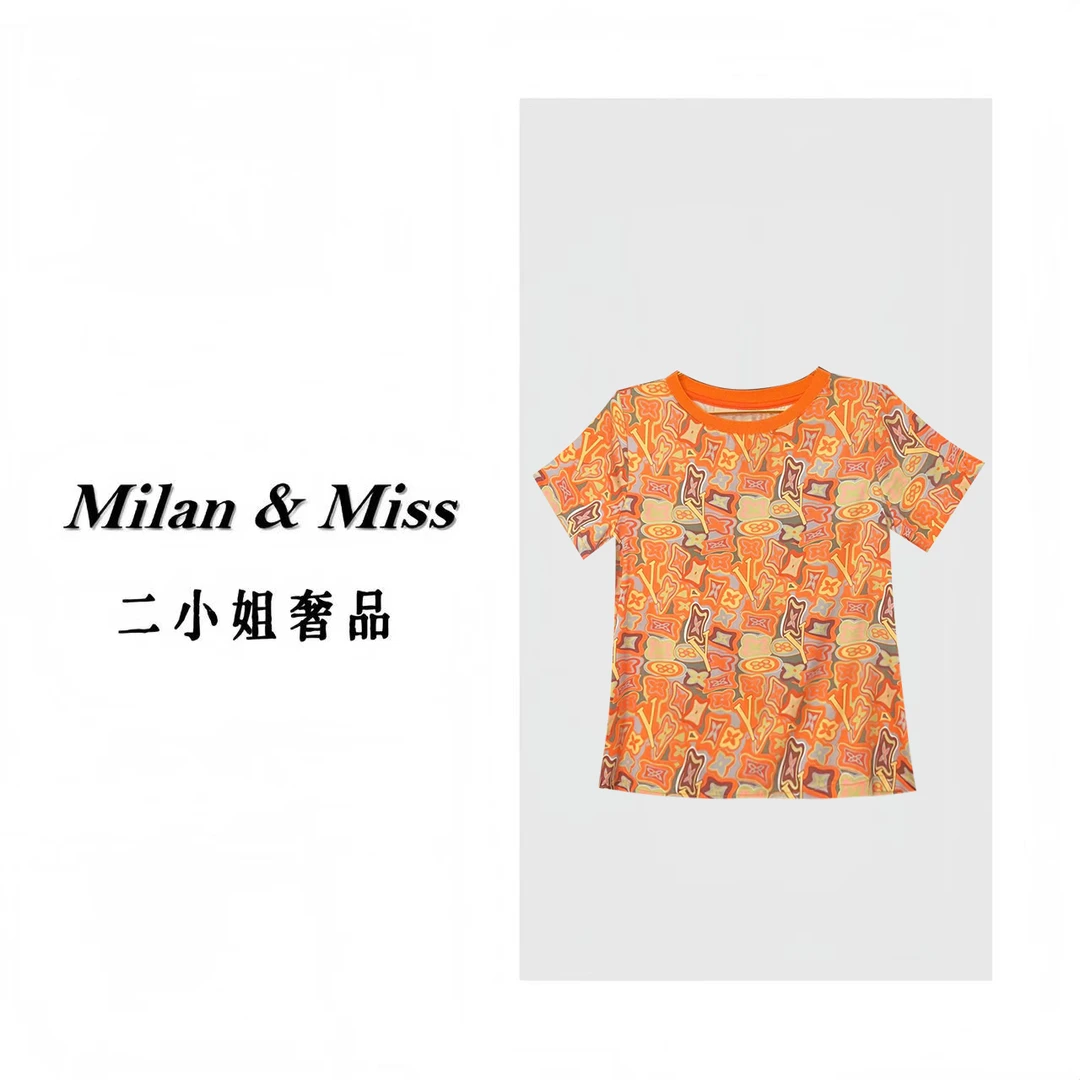 【二姐奢品】‘’橘色四叶草‘’桑蚕丝上衣 轻奢字母波纹印花短袖T恤女