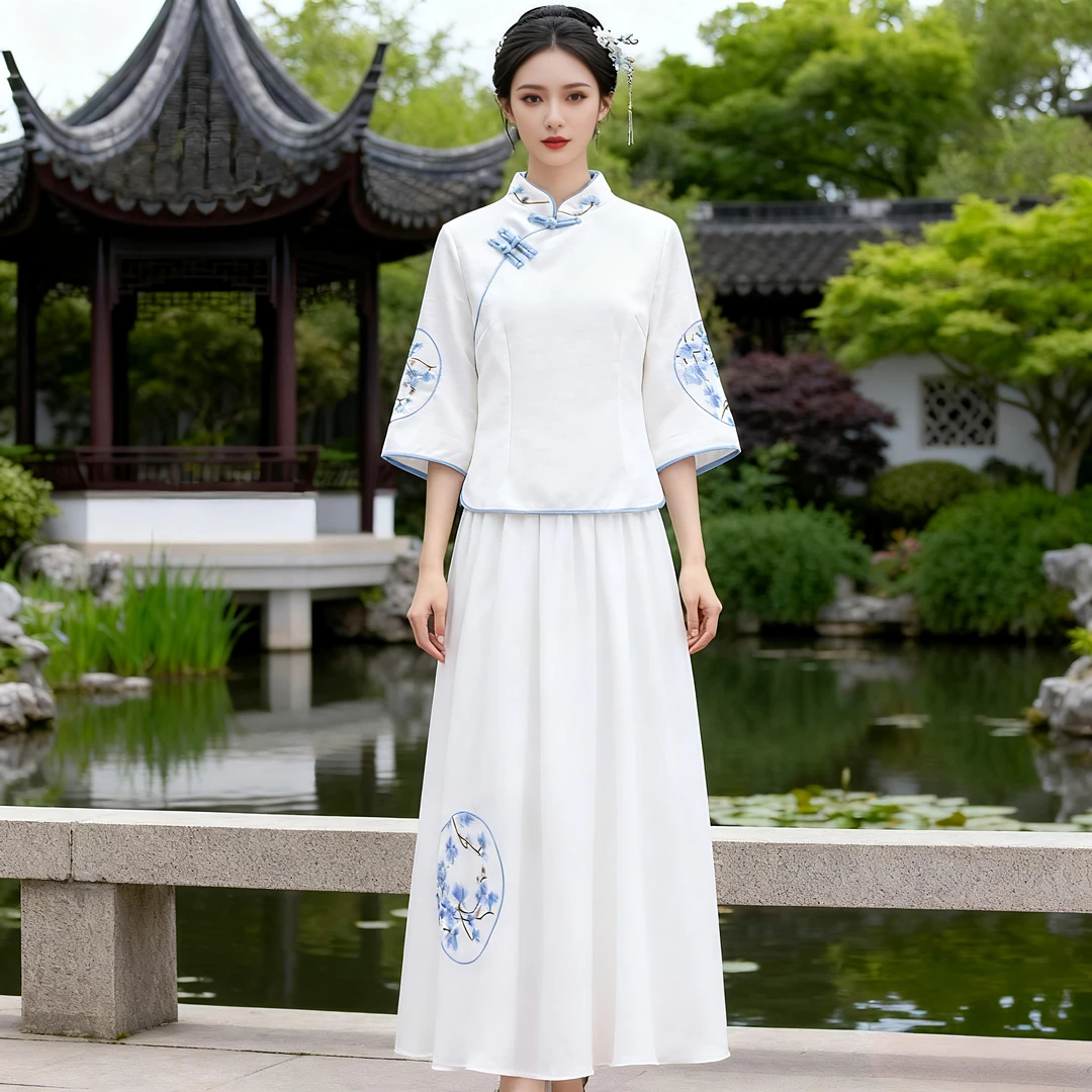 立领民族风刺绣纯色上衣春夏班服复古唐装女款爆款2025新款国风