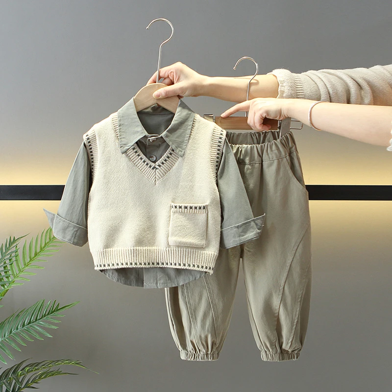 男童套装春秋季2025年款衣服儿童服装宝宝衬衫潮酷背心毛衣马甲帅