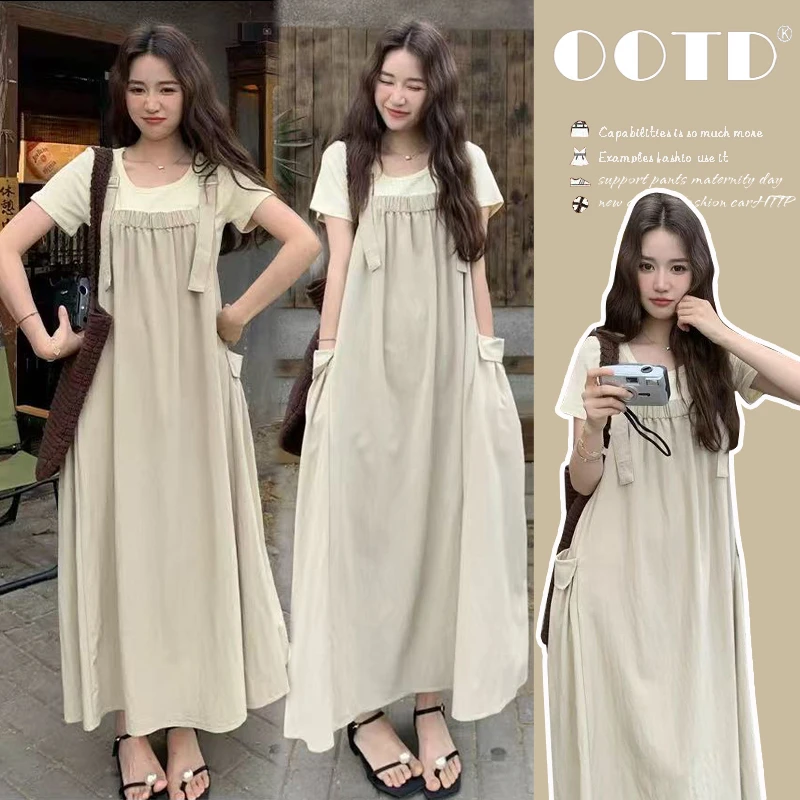 孕妇套装夏2025新款时尚韩版慵懒风短袖T恤宽松显瘦背带裙两件套