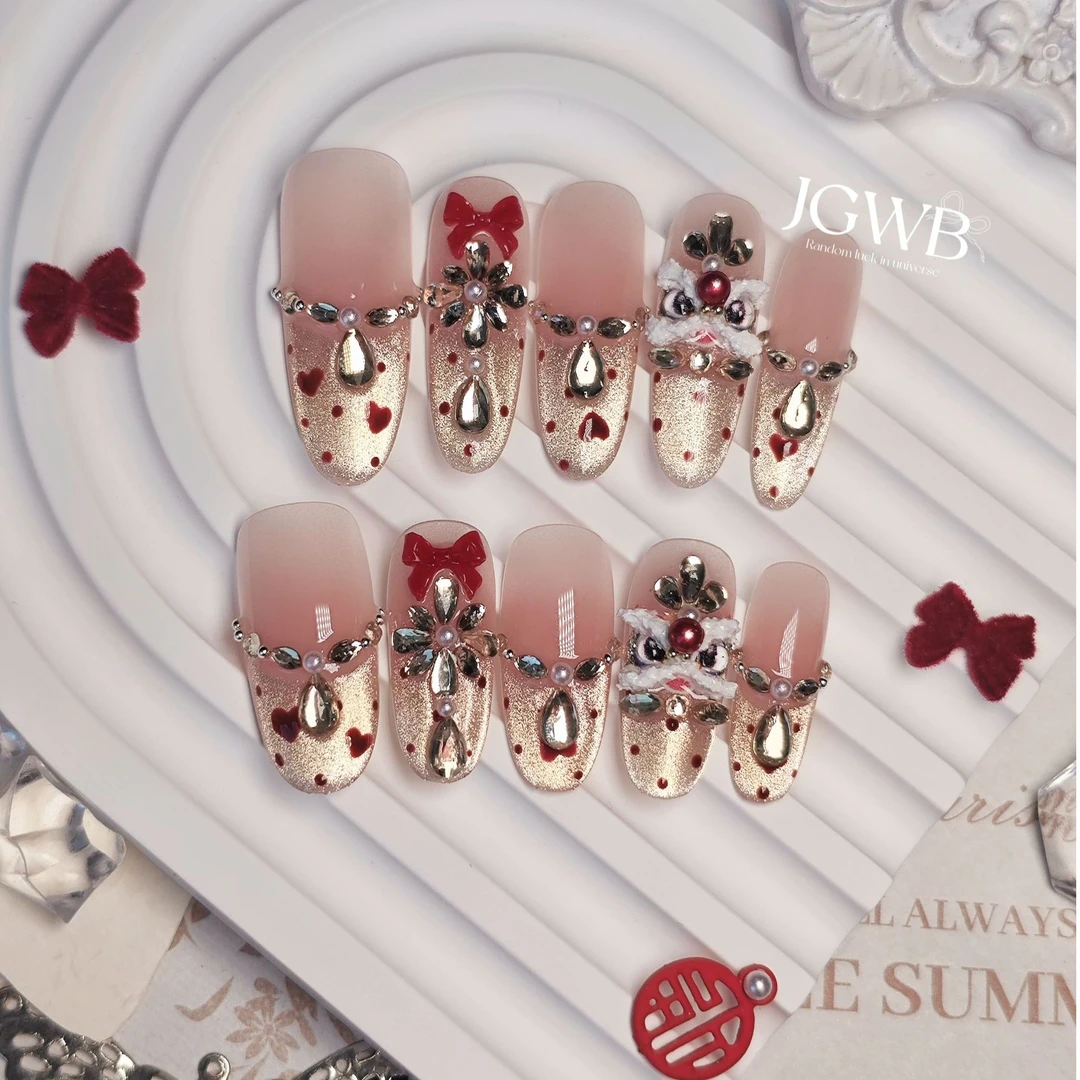 【祥瑞醒狮】手工穿戴甲香槟金狮猫眼显白跨年