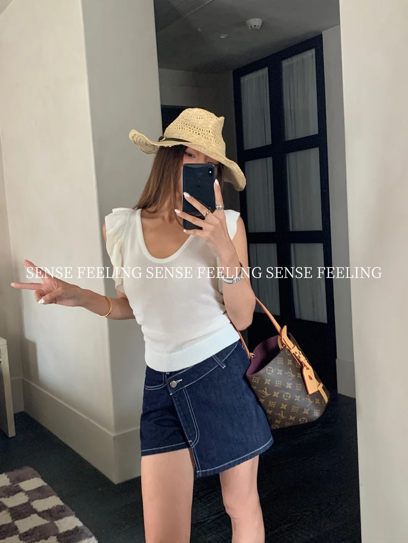 福秒-极简韩系的！不规则屁帘假两件牛仔短裤（FE0958#）FEELING