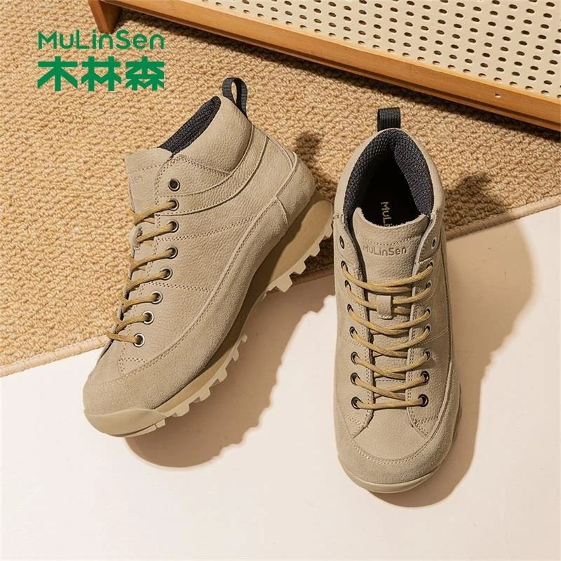 木林森男鞋跑鞋越野露营厚底牛皮时尚休闲鞋秋冬正品另类中帮徒步