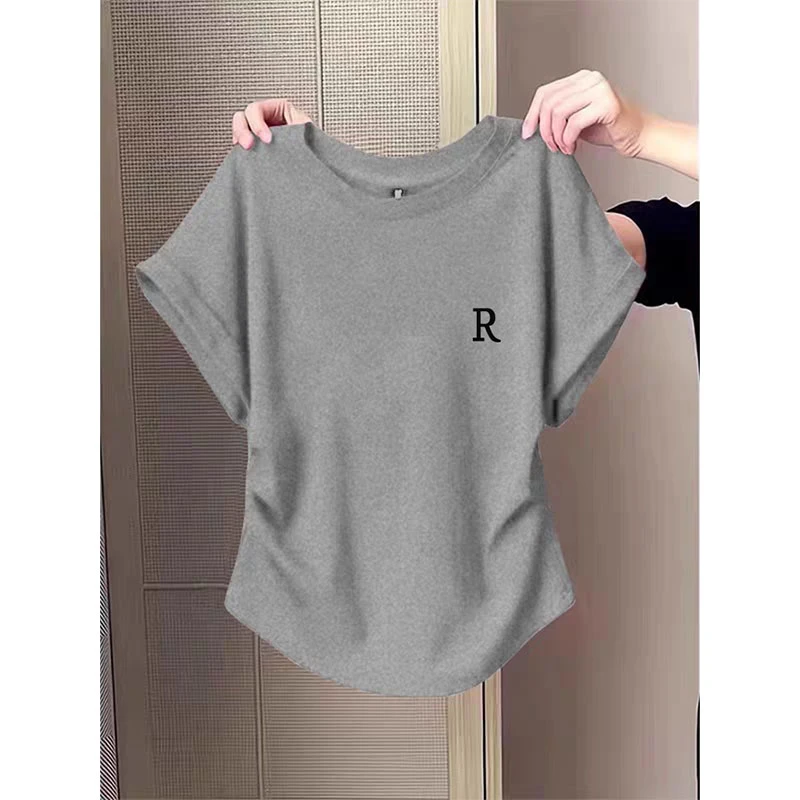 短袖t恤女2025新款夏季时尚洋气印花正肩灰色体恤配阔腿裤的上衣